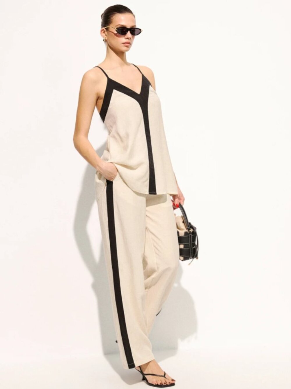 Commense Cotton Linen Contrast Trim Cami Top & Pants Set - M